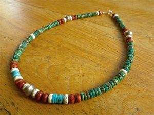 Tibetan Turquoise with Red Coral, White Howlite, Nacozari Turquoise & German African Silver