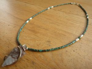 Ma'an Shan Turquoise with White Moonshell & Flint Knapped Arrowhead Pendant with Forged Silver Wrap