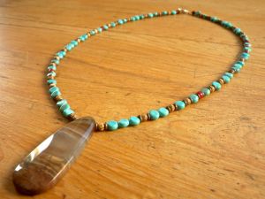 Hubei Turquoise with Picture Jasper, Red Coral, African Copper and Mexican Agate Pendant