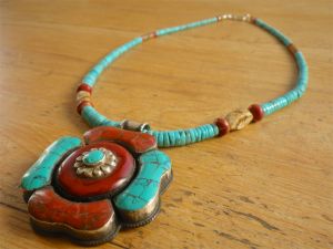 Antique Tibetan Turquoise & Coral Amulet w/ Nacozari Turquoise