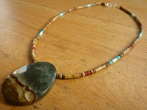 Picture Jasper, White Moonshell, Red Coral, African Copper & Nacozari Turquoise with Succor Creek Jasper Pendant